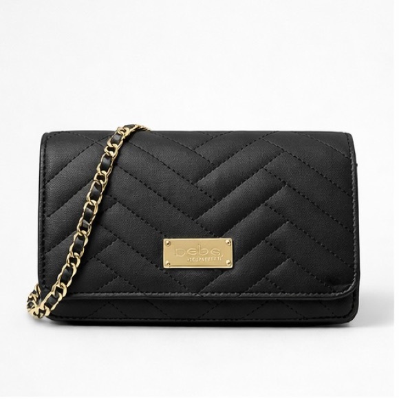 bebe Handbags - Bebe Black Quilted Crossbody Wallet Bag Gold Logo Chain Strap NWT